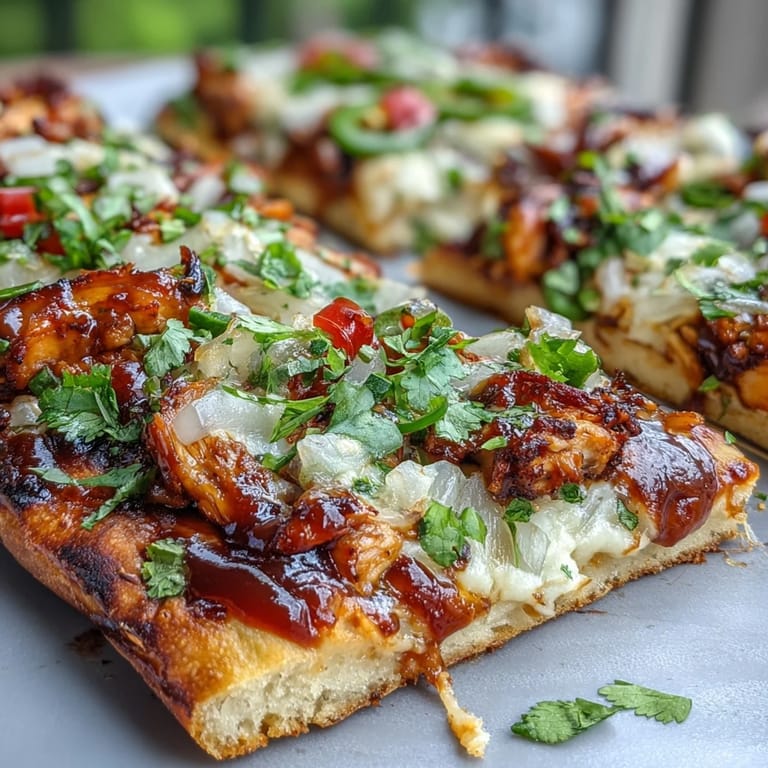 Cheesy BBQ chicken flatbread pizza loaded with tender chicken, red onion, bell pepper, and a fresh cilantro finish.