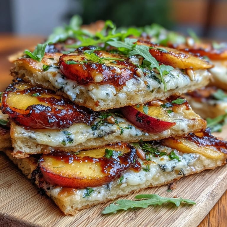 Grilled flatbread topped with sweet peaches, creamy Brie, and smoky BBQ sauce, perfect for summer gatherings.