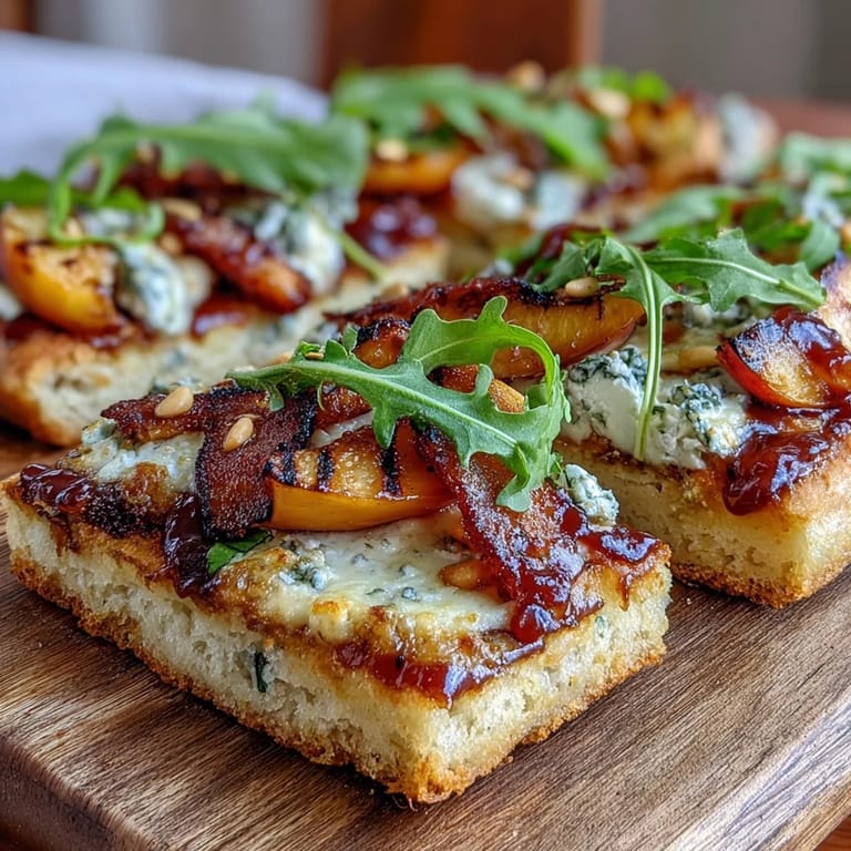 Summer BBQ Peach and Brie Flatbread on the Grill, with fresh basil and honey drizzle for extra flavor.