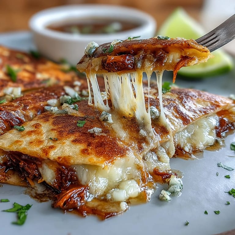 Melted cheese and flavorful shredded beef birria tucked inside golden quesadillas, paired with a savory consommé for dipping.