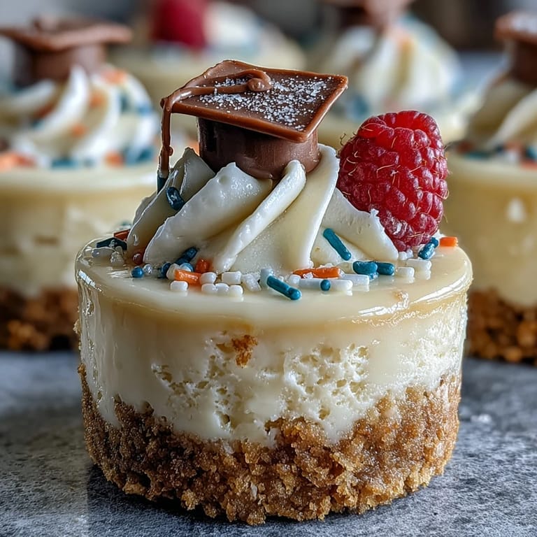 Bite-sized cheesecakes on buttery graham cracker crusts, topped with whipped cream and graduation-themed decorations.