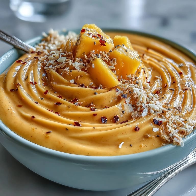 This tropical smoothie bowl blends sweet mango with tangy lime and a spicy chili kick, garnished with colorful fruit and crunchy toppings.