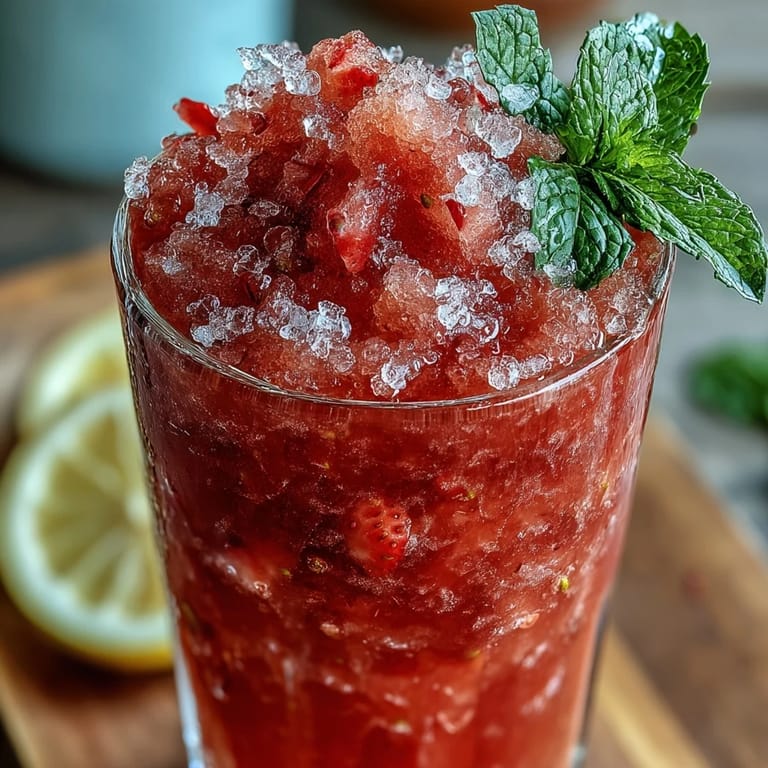 Bright red strawberry lemonade slushie served in tall glasses, topped with fresh mint and lemon wedges.