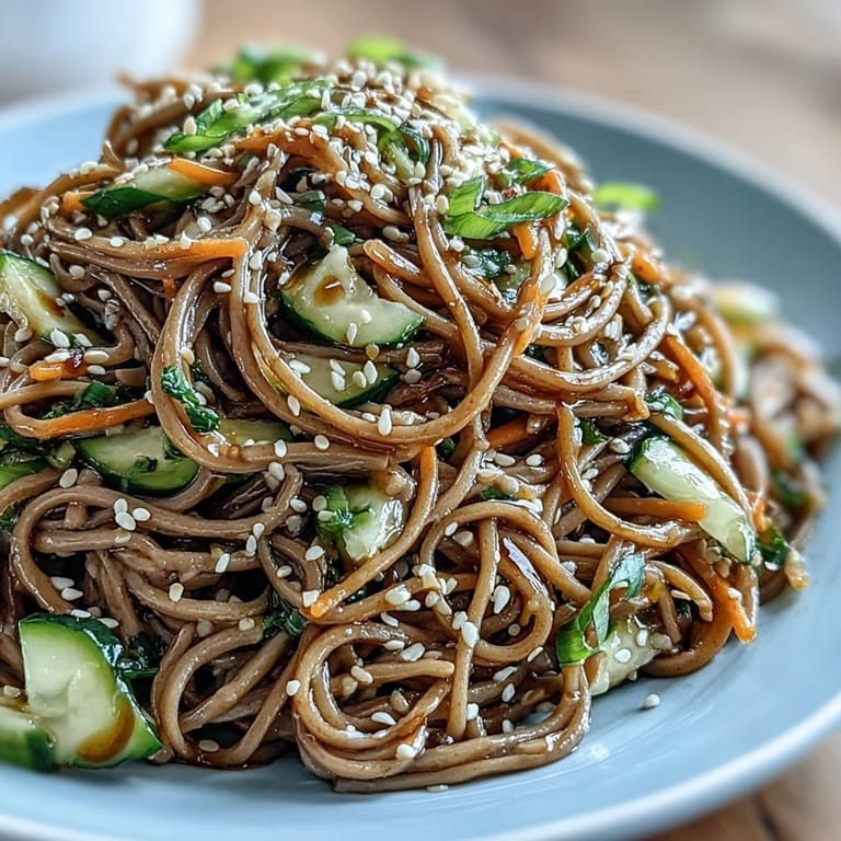 A vibrant, refreshing salad of cold soba noodles, crunchy vegetables, and toasted sesame seeds, served with zesty ginger-soy dressing.  