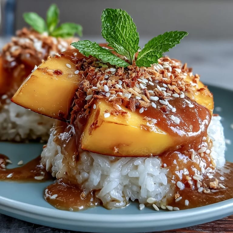 Tropical dessert featuring sweet mango layered over fragrant coconut sticky rice in stylish cups, perfect for a refreshing Thai-inspired treat.