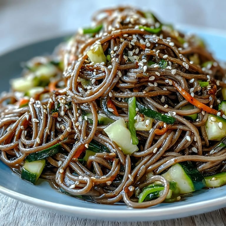 Light and flavorful soba noodle salad featuring fresh julienned veggies and a creamy sesame ginger dressing, perfect for warm weather meals.