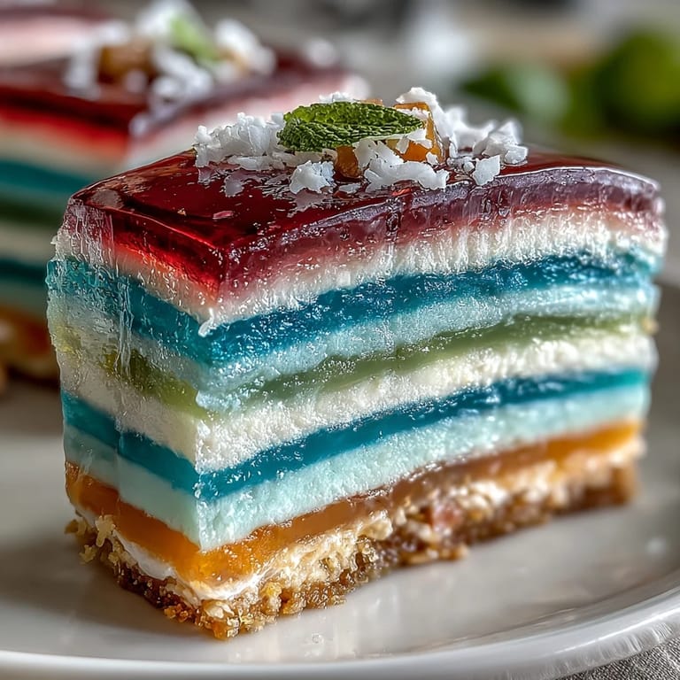 A visually stunning agar-agar rainbow jelly cake, perfect for festive celebrations.