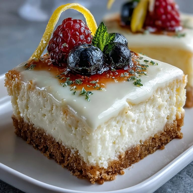 Luscious no-bake Skyr Lemon Cheesecake Bars garnished with fresh berries.