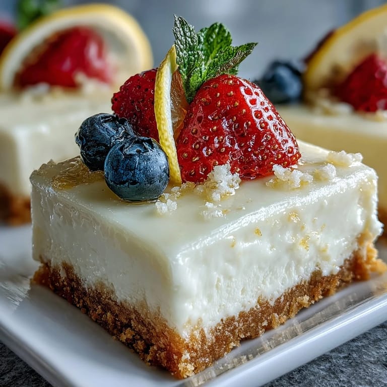 Easy, refreshing Skyr Lemon Cheesecake Bars ready to be sliced and served.