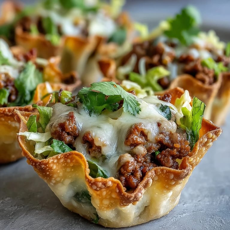 Savory taco cups with melted cheese and fresh toppings in baked wonton wrappers.