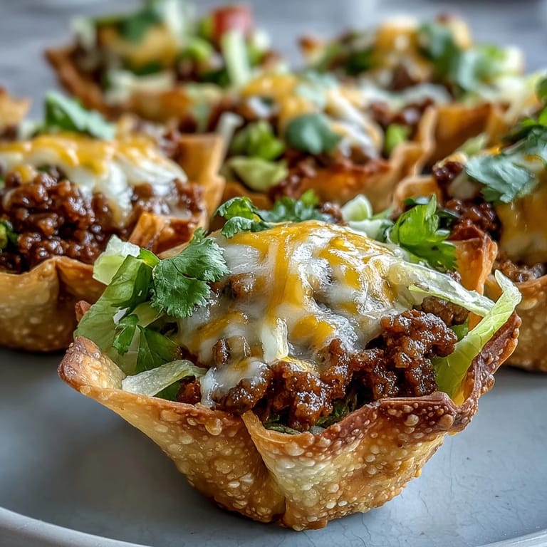 Delicious mini taco cups, perfect appetizer with crunchy wonton shells and cheesy topping.