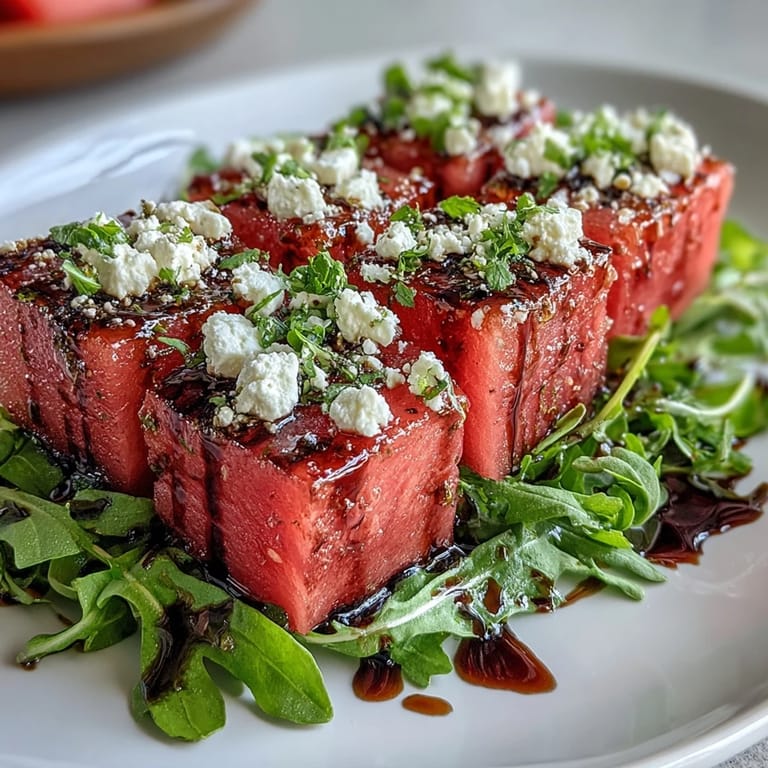 A delightful Watermelon Feta Arugula Salad with crumbled cheese and fresh mint.