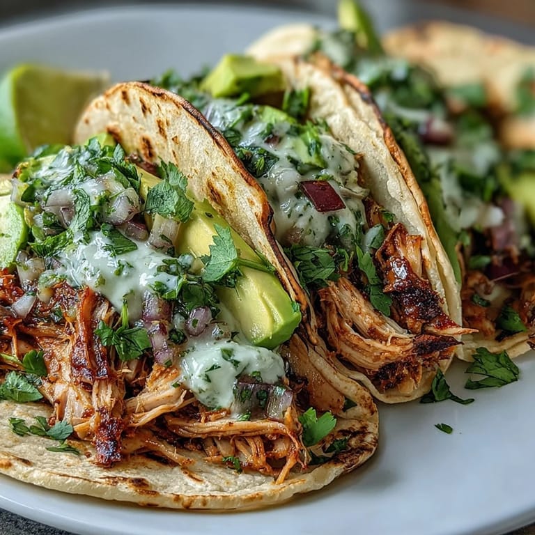 Tender Slow Cooker Salsa Verde Chicken Tacos filling served in warm tortillas.