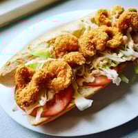 Golden-brown fried shrimp loaded into a classic Shrimp Po Boy sandwich with fresh, crisp lettuce.
