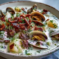 Golden New England Clam Chowder in a rustic bowl with oyster crackers, garnished with fresh parsley.