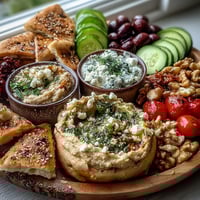 Mediterranean Brunch Board with hummus and baba ganoush surrounded by crisp cucumbers, tomatoes, and feta on a rustic wooden table.