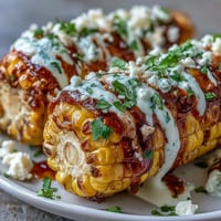 Vibrant Elote-Style Microwave Corn on the Cob topped with creamy sauce, crumbled Cotija cheese, chili powder, and fresh cilantro.