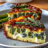 Spring brunch frittata with asparagus and goat cheese, baked golden and topped with fresh herbs.