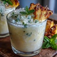 Pineapple Coconut Agua Fresca in a clear glass with ice, garnished with fresh mint and pineapple wedge