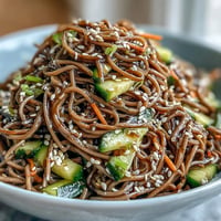 Chilled soba noodles tossed with crisp cucumber, carrot, and red bell pepper, all coated in a tangy sesame ginger dressing.  