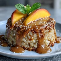 Creamy coconut sticky rice with fresh ripe mango slices served in elegant individual cups, topped with toasted sesame seeds for crunch.