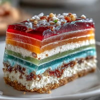 Vibrant agar-agar rainbow jelly cake with creamy coconut, a dazzling vegan dessert.