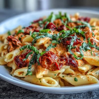 Creamy tomato basil pasta glistening with fresh basil and melted Parmesan.
